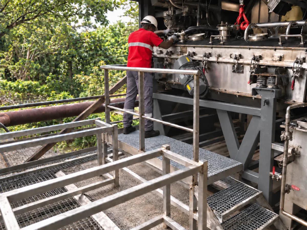 Technician working from a platform with steps and guardrails