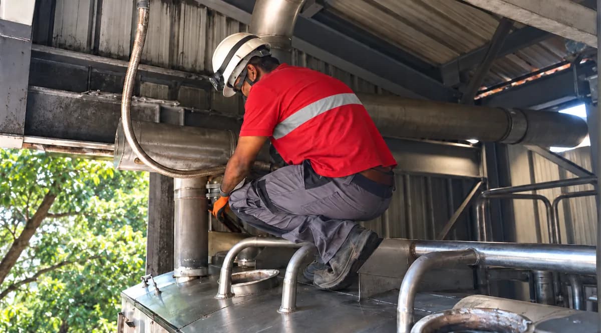 Technician crouching on the pipes of industrial equipment to carry out work