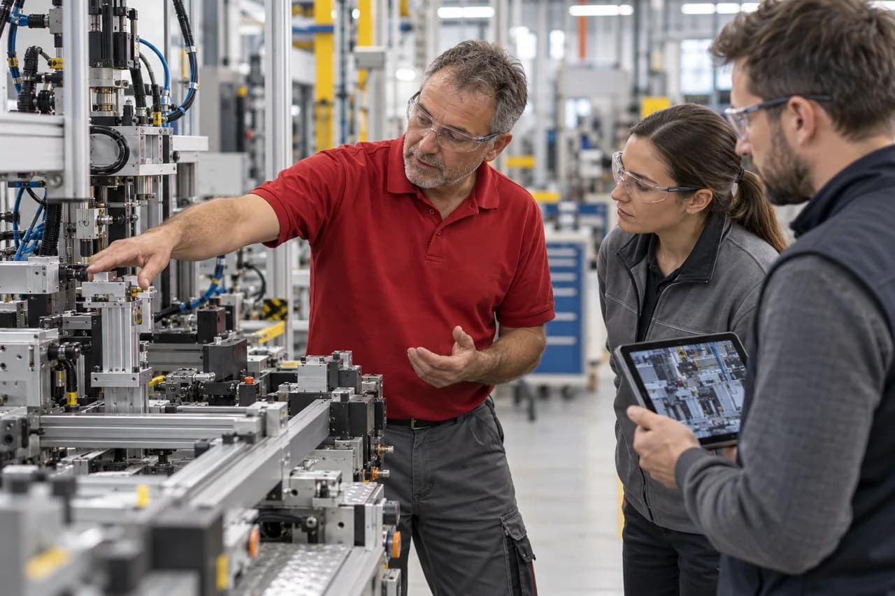 Three colleagues examine a machine together in a workshop