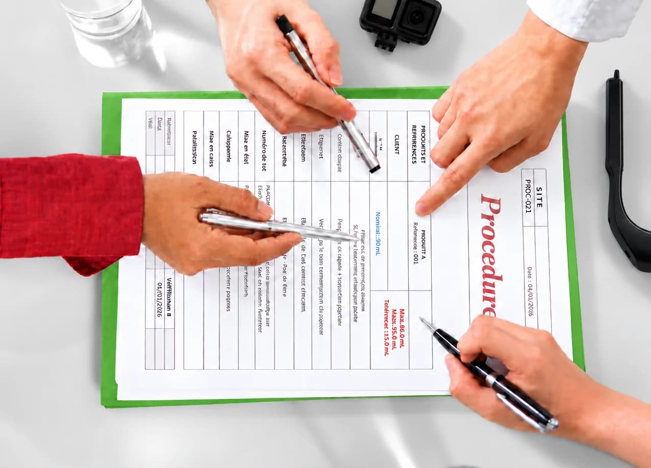 Several people review a work procedure