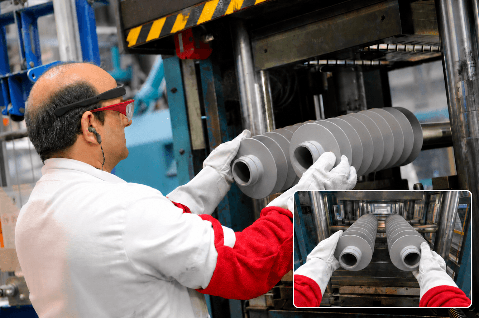 Worker handling parts on an industrial machine, with an inset showing a first-person view of his movements