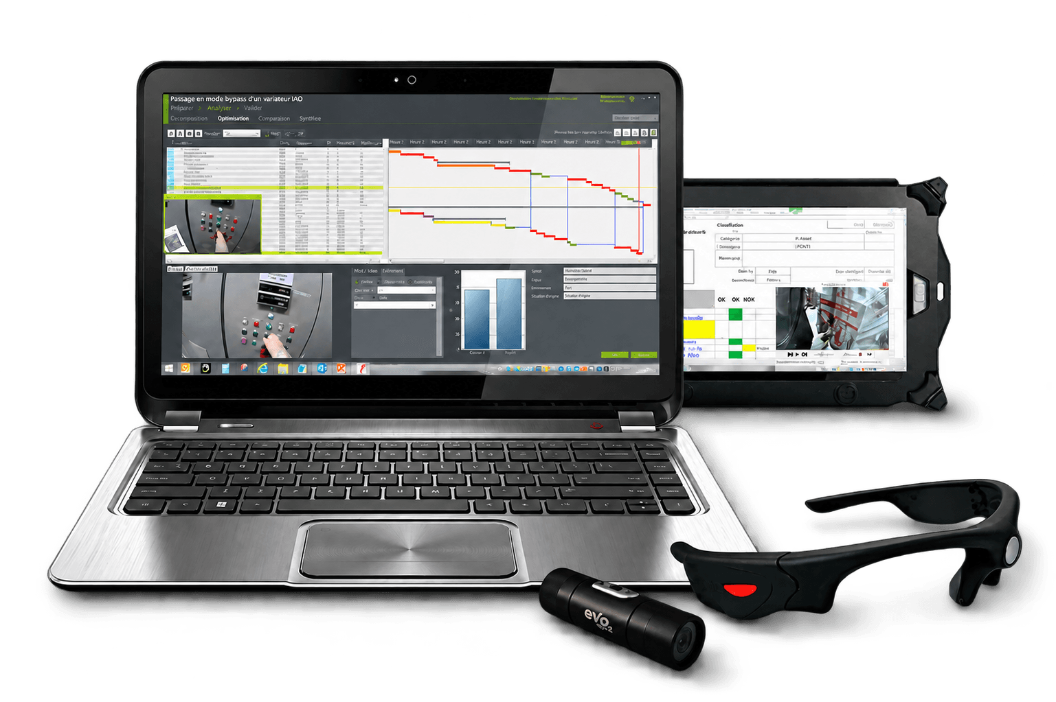 KL²® on a laptop and tablet, with a camera and connected glasses